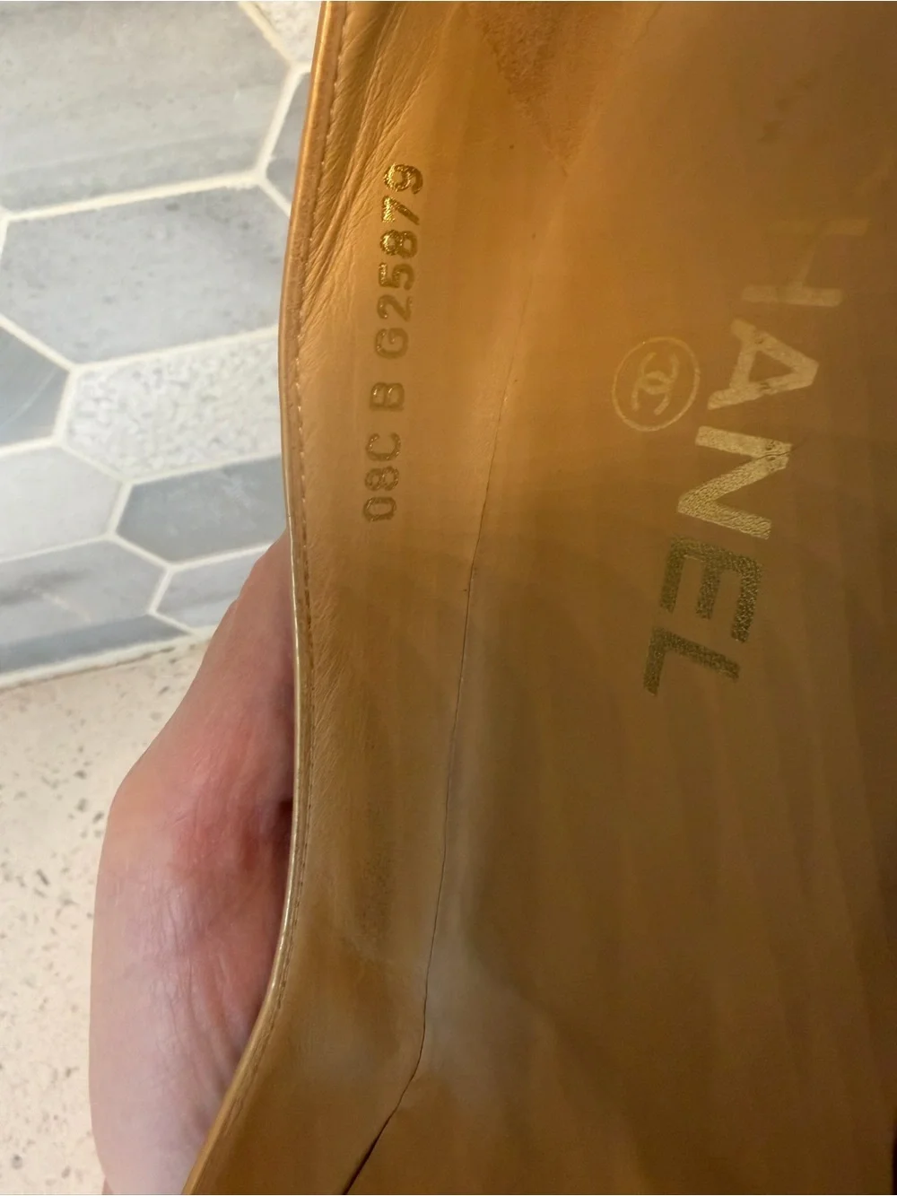 Name Your Price. CHANEL Gold Patent Leather Heels with CC Logo